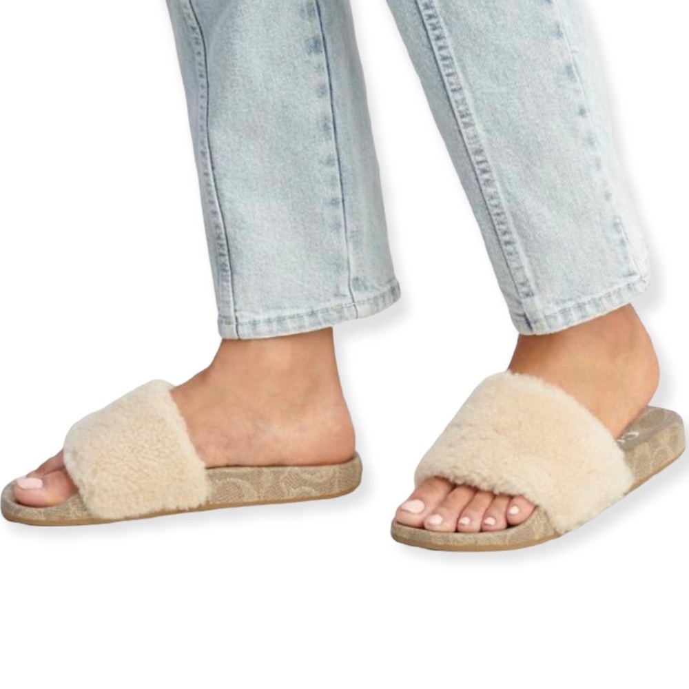 Coach • Natural Ulla Shearling Slide Sandals • Size 9 • Ships in the Coach Box